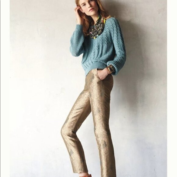 Elevenses Anthropologie Gilded Jacquard Crop Pants Gold - Picture 1 of 9